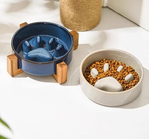 Ceramic Cat Dog Slow Food Bowls Raised Food and Water Dish with Anti-Slip Wooden Stand Elevated Round Pet Feeding Bowl Dishwasher Clean Carrying (Brown) in Saudi Arabia