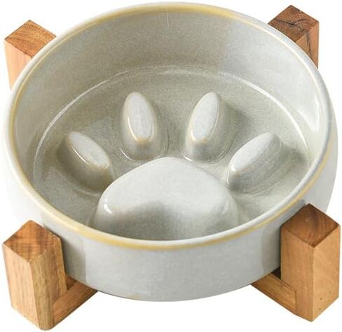 Ceramic Cat Dog Slow Food Bowls Raised Food and Water Dish with Anti-Slip Wooden Stand Elevated Round Pet Feeding Bowl Dishwasher Clean Carrying (Brown) in Saudi Arabia
