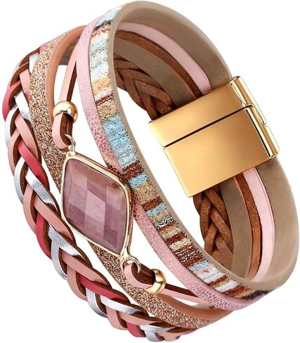 Leather Wrap Bracelet for Women Men, Handmade Braided Leather Wristband Multilayer Boho Cuff Bangle Bracelet Jewelry Gift for Her in Saudi Arabia