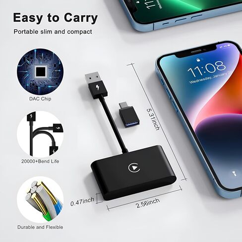 Wireless CarPlay Adapter for Apple Devices, Converts Wired to Wireless Carplay Dongle Wireless Control for iPhone, 5GHz WiFi, Voice Control, Black, THT-020-2(Black) in Saudi Arabia