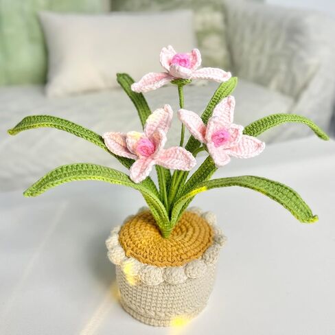 JOMODECOR نباتات كروشيه أوركيد سيمبيديوم مصنوعة يدويًا، زهور صناعية محبوكة إلى الأبد مع وعاء رائع، هدية للأصدقاء والنساء والأطفال، مثالية للديكور المنزلي، مكتب المكتب (وردي) in Kuwait