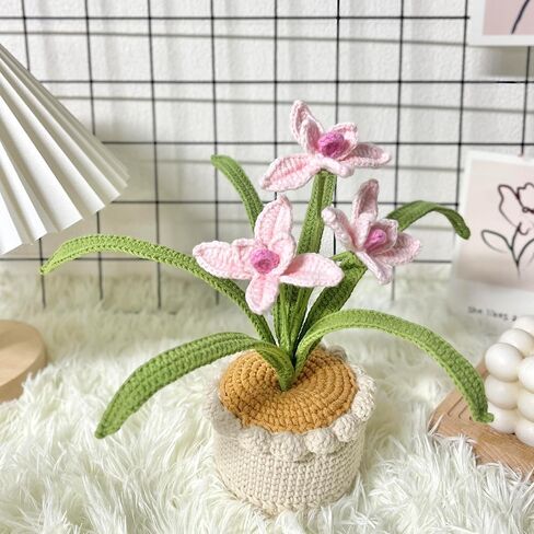 JOMODECOR نباتات كروشيه أوركيد سيمبيديوم مصنوعة يدويًا، زهور صناعية محبوكة إلى الأبد مع وعاء رائع، هدية للأصدقاء والنساء والأطفال، مثالية للديكور المنزلي، مكتب المكتب (وردي) in Kuwait