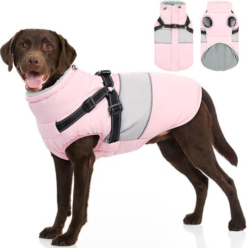 SUNFURA Dog Jacket, Large Dog Coat with Harness Built in, Warm Dog Winter Jacket Zippered Dog Snow Coat with Furry Collar, Waterproof Dog Fleece Jackets Snowsuit for Large Dogs French Bulldog, Pink L in Saudi Arabia