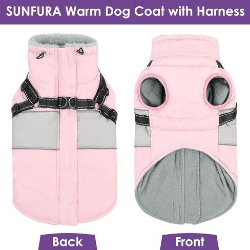 SUNFURA Dog Jacket, Large Dog Coat with Harness Built in, Warm Dog Winter Jacket Zippered Dog Snow Coat with Furry Collar, Waterproof Dog Fleece Jackets Snowsuit for Large Dogs French Bulldog, Pink L in Saudi Arabia