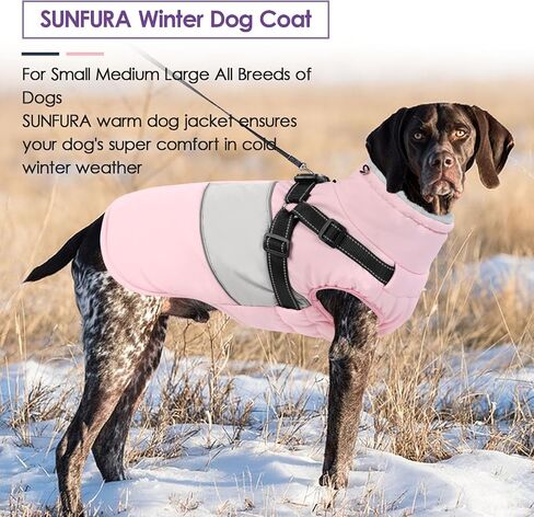 SUNFURA Dog Jacket, Large Dog Coat with Harness Built in, Warm Dog Winter Jacket Zippered Dog Snow Coat with Furry Collar, Waterproof Dog Fleece Jackets Snowsuit for Large Dogs French Bulldog, Pink L in Saudi Arabia