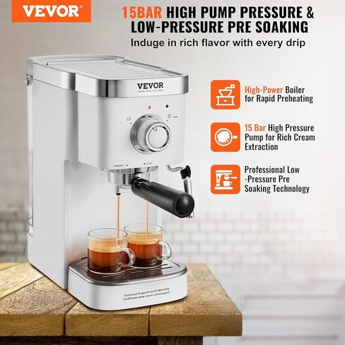 VEVOR Espresso Coffee Machine, 15Bar Semi-Automatic Espresso Maker with Milk Frother Steam Wand, Professional Cappuccino Latte Machine with High-Power Boiler & Removable Water Tank, NTC Control System in Saudi Arabia