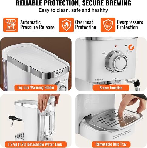 VEVOR Espresso Coffee Machine, 15Bar Semi-Automatic Espresso Maker with Milk Frother Steam Wand, Professional Cappuccino Latte Machine with High-Power Boiler & Removable Water Tank, NTC Control System in Saudi Arabia