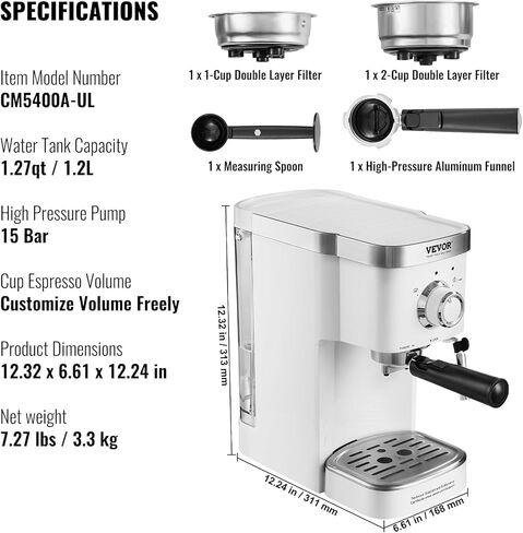 VEVOR Espresso Coffee Machine, 15Bar Semi-Automatic Espresso Maker with Milk Frother Steam Wand, Professional Cappuccino Latte Machine with High-Power Boiler & Removable Water Tank, NTC Control System in Saudi Arabia