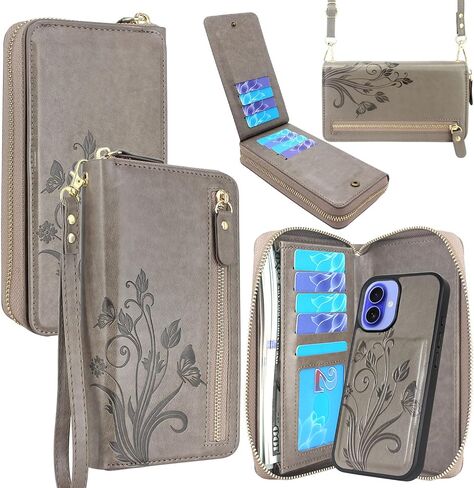Lacass for iPhone 16 6.1 Inch 2024 Wallet Case, Crossbody Dual Zipper Detachable Magnetic Leather Wallet Case Cover Wristlets Wrist Strap 13 Card Slots Money Pocket (Floral Gray) in Kuwait