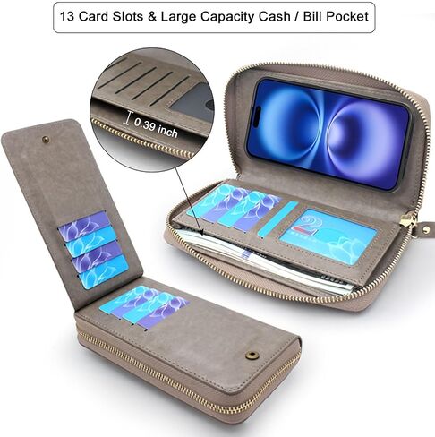 Lacass for iPhone 16 6.1 Inch 2024 Wallet Case, Crossbody Dual Zipper Detachable Magnetic Leather Wallet Case Cover Wristlets Wrist Strap 13 Card Slots Money Pocket (Floral Gray) in Kuwait