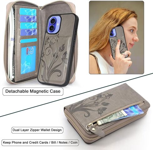 Lacass for iPhone 16 6.1 Inch 2024 Wallet Case, Crossbody Dual Zipper Detachable Magnetic Leather Wallet Case Cover Wristlets Wrist Strap 13 Card Slots Money Pocket (Floral Gray) in Kuwait