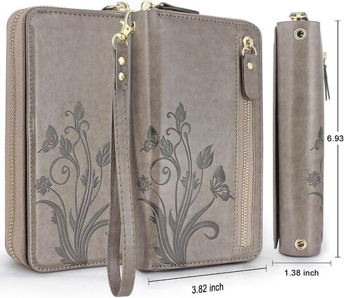 Lacass for iPhone 16 6.1 Inch 2024 Wallet Case, Crossbody Dual Zipper Detachable Magnetic Leather Wallet Case Cover Wristlets Wrist Strap 13 Card Slots Money Pocket (Floral Gray) in Kuwait
