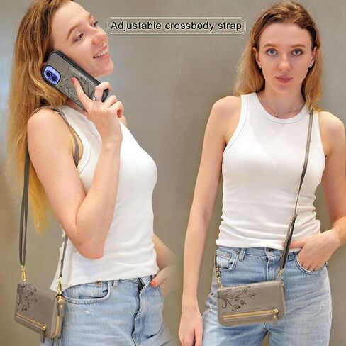 Lacass for iPhone 16 6.1 Inch 2024 Wallet Case, Crossbody Dual Zipper Detachable Magnetic Leather Wallet Case Cover Wristlets Wrist Strap 13 Card Slots Money Pocket (Floral Gray) in Kuwait