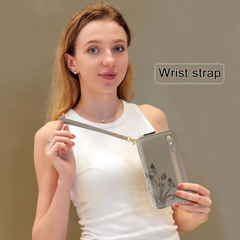 Lacass for iPhone 16 6.1 Inch 2024 Wallet Case, Crossbody Dual Zipper Detachable Magnetic Leather Wallet Case Cover Wristlets Wrist Strap 13 Card Slots Money Pocket (Floral Gray) in Kuwait