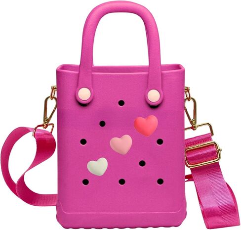 X Small Rubber Beach Tote Bag with Adjustable Wide Shoulder Strap, Bitty Small Heart Charms Crossbody Tote (Haute Pink) in Saudi Arabia