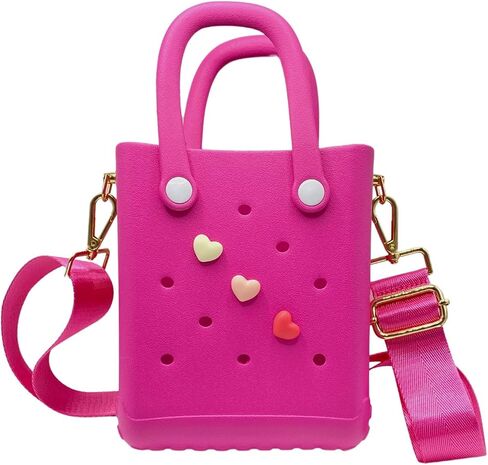 X Small Rubber Beach Tote Bag with Adjustable Wide Shoulder Strap, Bitty Small Heart Charms Crossbody Tote (Haute Pink) in Saudi Arabia
