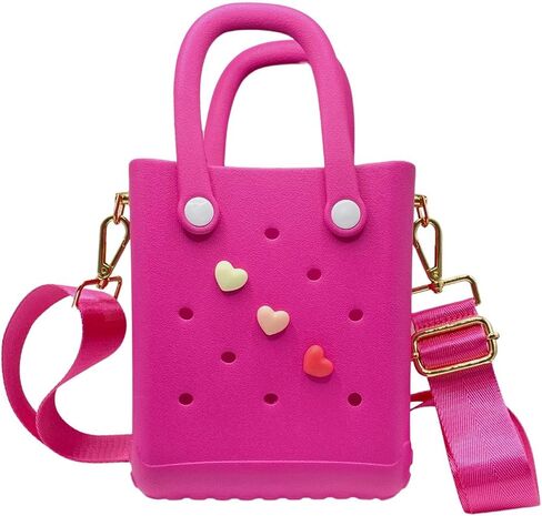 X Small Rubber Beach Tote Bag with Adjustable Wide Shoulder Strap, Bitty Small Heart Charms Crossbody Tote (Haute Pink) in Saudi Arabia