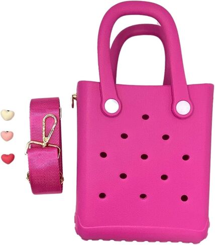 X Small Rubber Beach Tote Bag with Adjustable Wide Shoulder Strap, Bitty Small Heart Charms Crossbody Tote (Haute Pink) in Saudi Arabia