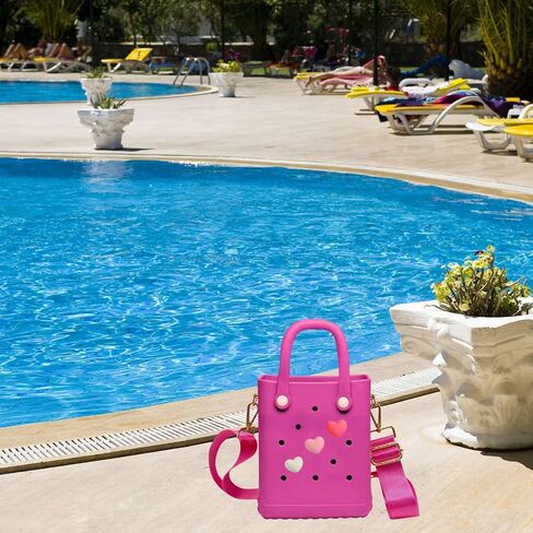 X Small Rubber Beach Tote Bag with Adjustable Wide Shoulder Strap, Bitty Small Heart Charms Crossbody Tote (Haute Pink) in Saudi Arabia