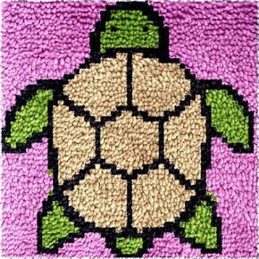 Beginner Mini Size Latch Hook Kits Set Sea Turtle Acrylic Yarn Small Cushion,Mat,Cartoon Pattern Craft Kits with Printed Canvas for Starter Kids Adults - 12 x 12 Inch