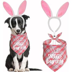 Easter Dog Bandana Bunny Costumes, Easter Bunny Dog Headband Buffalo Plaid Dog Easter Bandanas for Small Medium Large Dogs