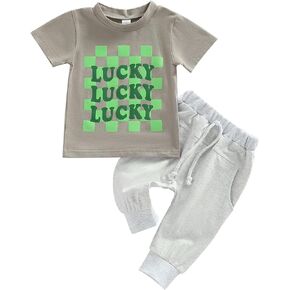 Toddler Baby Boy St. Patrick's Day Clothes Short Sleeve Letter Print T-Shirt Tops Casual Drawstring Pants Outfits