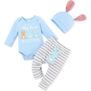Gavol My First Easter Baby Boy Outfit Rabbit Romper+Stripe Pants +Rabbit Ear Hat 3pcs Clothing Set 0-12months