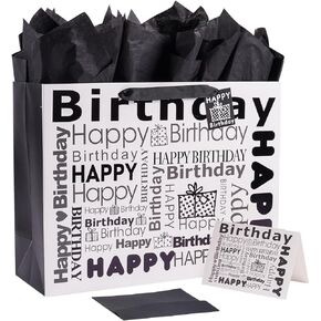 White and Black 16" Extra Large Gift Bag with Tissue Paper and Card, Happy Bithday Gift Bag for Men Women Birthday - 16" x 12.2" x 5.5", 1 Pcs