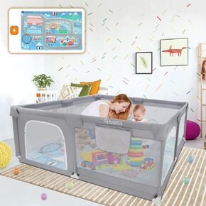 Baby Playpen with Mat, Baby Playpen 71" L x 60" W x 26" D Indoor Large Baby Playpen with Playpen Mat, 360° Visible Playpen with Breathable Mesh, Playpen for Babies and Toddlers(Grey) in Kuwait