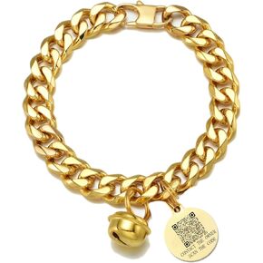 18K Gold Cat Dog Collar Kitten Puppy Stainless Steel Kitten Choker Curb Chew Proof Cuban Link Chain with Gold Bell&Personalized Custom QR Code Cat Tag