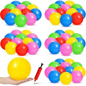 Junkin 100 Pack Knobby Balls Bulk 5.5 Inch Sensory Balls Bouncy Balls with Air Pump Set Plastic Balls Small Inflatable Ball Spiky Massage Stress Balls Fidget Toys Playground Balls for Party Favors