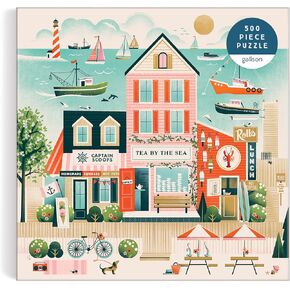 Galison Beside The Sea – 500 Piece Puzzle Fun and Challenging Activity with Bright and Bold Artwork of Charming Village and Sea Scenery for Adults and Families