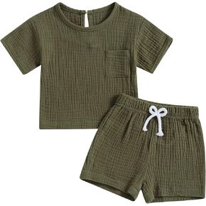Doqcey Baby Boy Girl Cotton Linen Clothes Solid Color Short Sleeve Tops Drawstring Shorts Set 2Pcs Toddler Summer Outfit