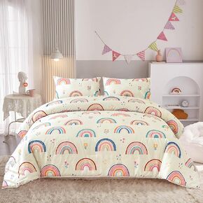 Btargot 3 Piece Kids Rainbow Comforter Set with 2 Pillow Covers, Cartoon Love Hearts Suns and Stars Bedding Set for Girls Boys Kids, Twin Beige