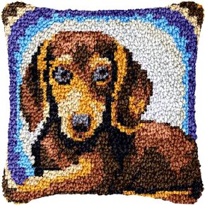 Dachshund Dog Latch Hook Kits Pillow Printed Canvas Cushion Crochet Yarn Needlework Hook Latch Kit DIY Embroidery Pillowcase Rug Cover Home Sofa Christmas Decoration 43x43cm(4)