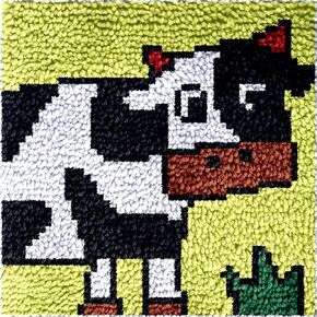 Numptain Latch Hook Kits for Kids,DIY Rug Crafts Cow Pattern Color Printed Canvas,Latch Hook Kits for Beginners Handmade Needlework Crafts Home Decoration,12"x12"NT1
