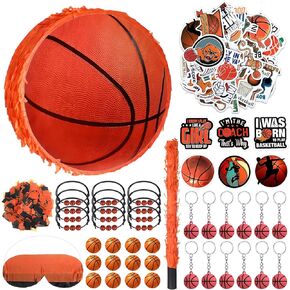 1 Ball Pinata Set with Blindfold, Baton and Paper Scrap, Stickers, Keychains, Bracelets, Mini Balls for Kids Birthday Decoration Sport Themed Party Supplies (Basketball)