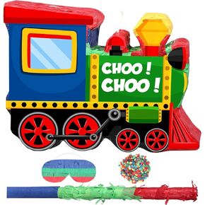 Shappy Small Train Pinata with Blindfold Stick Confetti Railroad Birthday Party Decorations Trains Pinata Party Supplies for Kids Train Theme Game Baby Shower Decor, 16.1 x 12 x 2.95 Inch