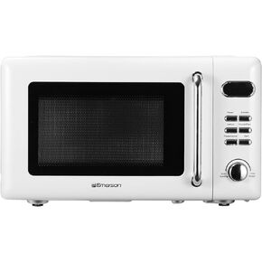 Emerson MWR7020W-N Retro Digital Microwave Oven with Timer & LED Display 700W with 5 Micro Power Levels, 8 Pre-Programmed Settings, Express & Defrost, with Child Safe Lock, 0.7 Cu. Ft, White