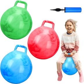 Poen 3 Pcs 18 Inch Hopper Ball Inflatable Bouncy Ball with Handle Hippity Hop Ball PVC Jumping Hopping Ball with 1 Air Pump for Kids Toddler Boys Girls Gifts Games Exercise Ball (Multicolor)