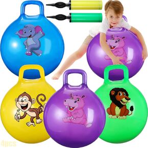 4 Pcs 18 Inch Bouncy Ball for Kids Ages 3-6, Hopper Ball with Handle and Pump, Hippity Hop Bouncing Ball with Cartoon Animal, Exercise Hopping Ball for School Team Family Ride, Jumping, Racing