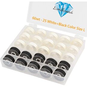 Simthread 25pcs 15White + 10Black Prewound Bobbin Thread Size L (SA155) 60WT for Brother Husqvarna Pfaff Embroidery Thread Sewing Thread Machine with Clear Storage Plastic Case DIY