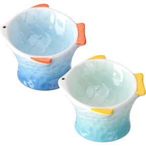 Tioncy Ceramic Cat Feeder, 2 Pcs Fish Shape Elevated Bowls, 4 oz, Blue, Green, Shallow Angled, Non Slip, Whisker Fatigue Bowl, Tilted Pet Feeder