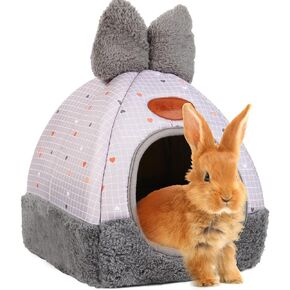 Bunny Bed Hideouts House Ferrets Rats Hedgehogs Chinchilla Cage Accessory for Rabbit Guinea Pig Hamster Cozy and Warm Rabbit Bed with Cute Bowknot Rabbits Hamster Bunny (Grey) ﻿