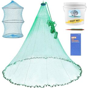 Cast Nets for Fishing with Storage Bucket, Casting Nets for Baitfish, Freshwater and Saltwater Throw Net, 1.5LB/Ft Heavy Duty Sinkers Throw Cast Net, 5/6/7/8/9/10/12FT, 3/8 Inch Mesh Size - by TTDMK