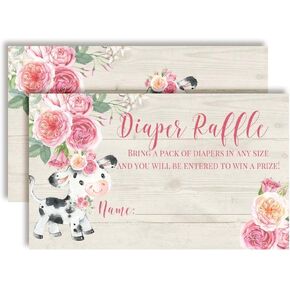 Amanda Creation Watercolor Pink Floral Cow Diaper Raffle Tickets for Baby Showers, 20 2" X 3" Double Sided Insert Cards for Games, Bring a Pack of Diapers to Win Favors & Prizes!