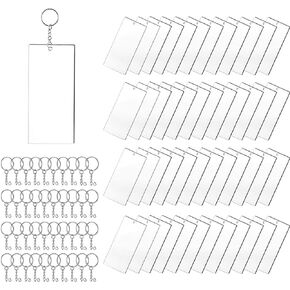 Acrylic Keychain Blanks Set Including 48pcs Rectangle Clear Acrylic Ornament Blanks (3 x 7cm), 48pcs Key Chain Rings and 48pcs Jump Rings for Vinyl DIY Projects and Crafting