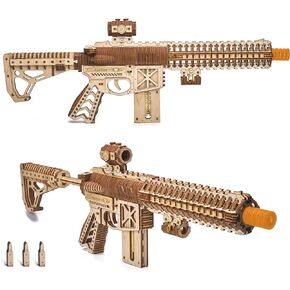 Wood Trick Assault Gun AR-T Model Kit for Adults and Teens to Build - with Telescoping Butt, Fuse, Sight and Clip for 12 Rounds - Detailed Construction - 23x8″ - 3D Wooden Puzzle - 14+