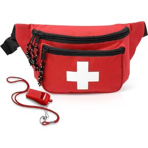 Lifeguard Fanny Pack Red with Whistle Lanyard - Baywatch Style First Aid Hip Pack, Adjustable Strap, Cross Logo + Zipper Pouch, 1 Pack