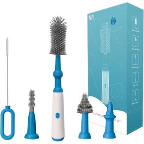 Electric Bottle Brush Cleaner Set, Electric Baby Bottle Brush Cleaner with Rechargeable Electric Bottle Cleaner and Silicone Bottle Brushes and Straw Brush, Automatic Bottle Cleaner Brush (Blue)